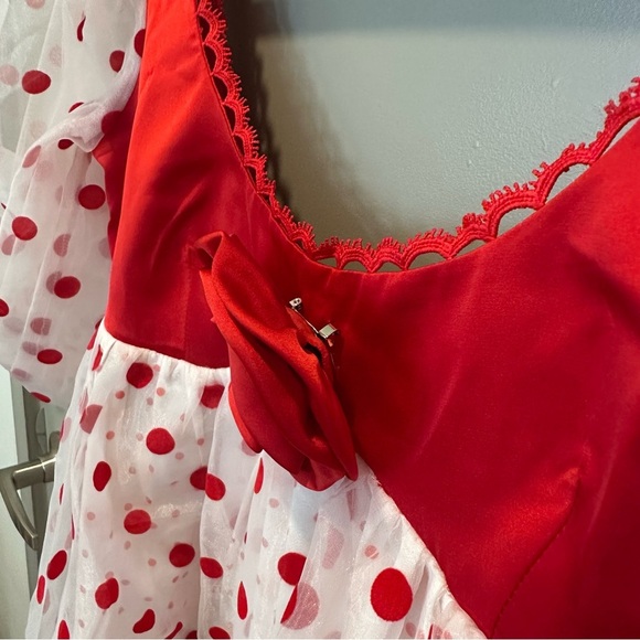 NWT For Love & Lemons Rhoda Midi Dress Size XS Red Polka Dot Sheer Rosette - Picture 6 of 8